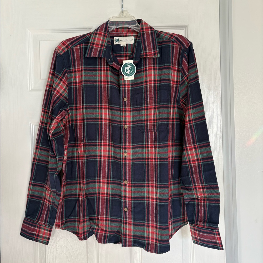 NWT AEROPOSTALE UNISEX FLANNEL PLAID SHIRT RED BLUE GREEN FALL VIBES SIZE SMALL